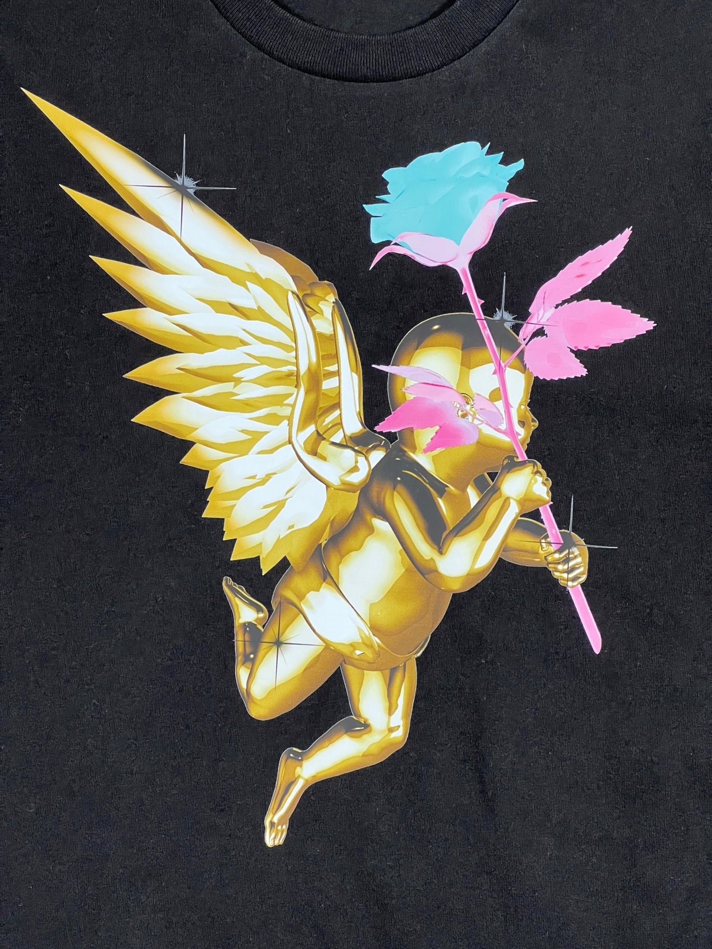 A KSUBI TOKEN KASH SS TEE JET BLACK featuring an angel holding a rose.