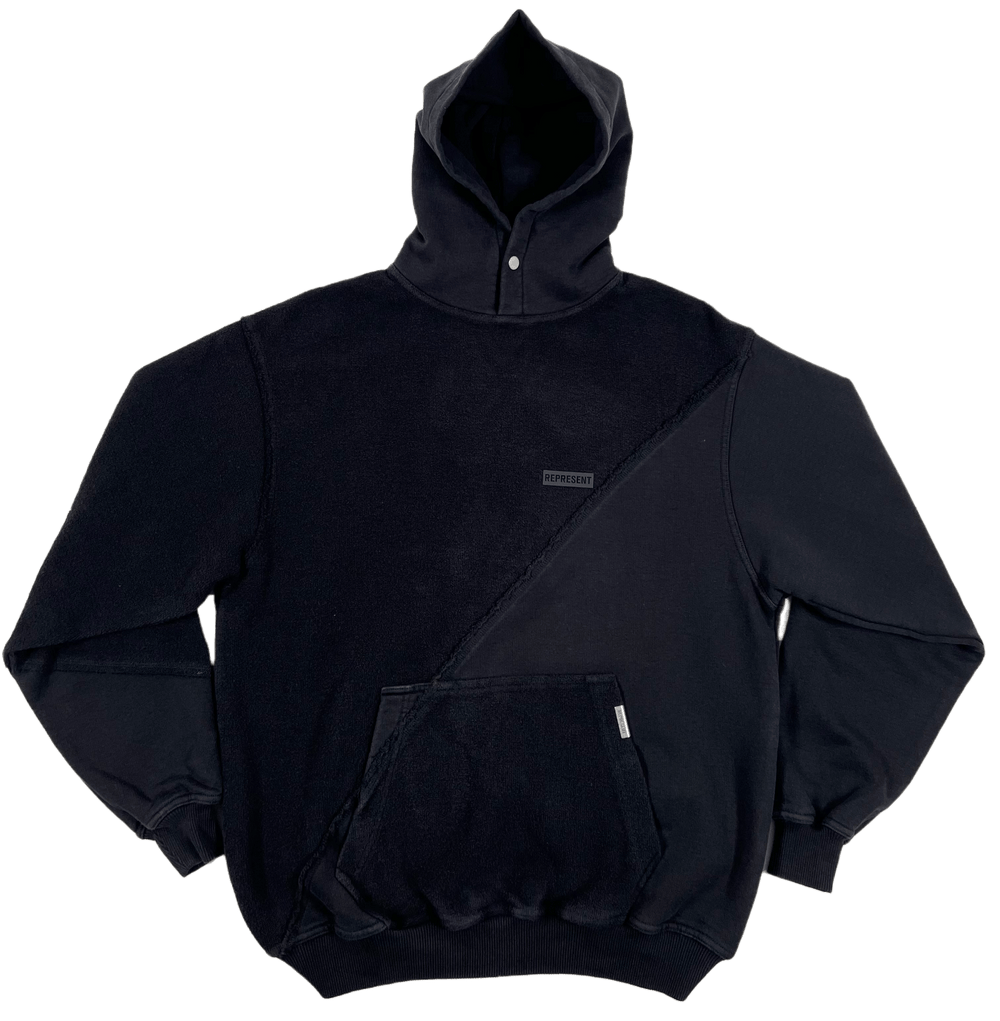 A REPRESENT M04216 INVERSE HOODIE OFF BLACK with a zipper on it.