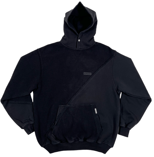 A REPRESENT M04216 INVERSE HOODIE OFF BLACK with a zipper on it.