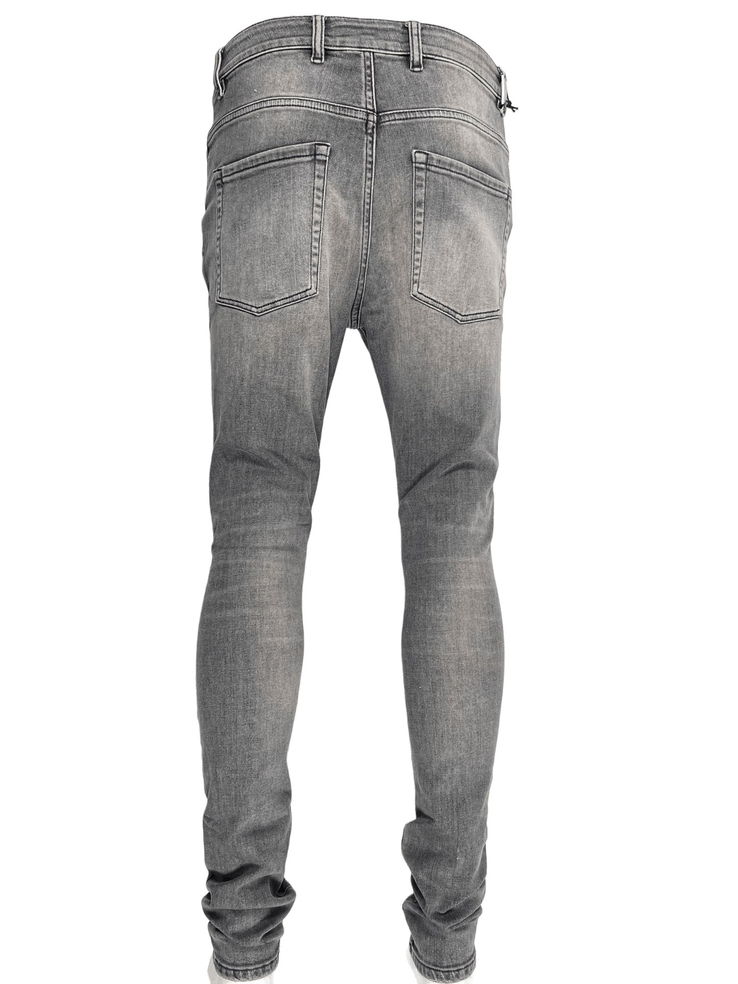 The back view of a pair of REPRESENT M07044 DESTROYER DENIM GREY skinny fit jeans.