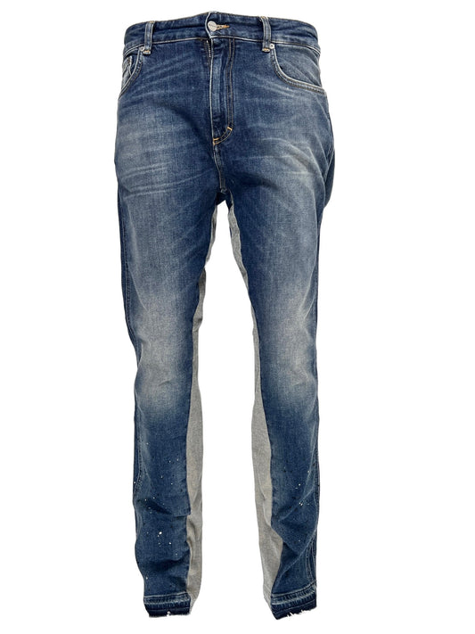 A pair of REPRESENT men's cotton jeans in blue and grey with paint splashed design.