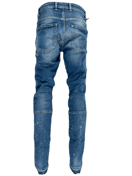 The back view of a pair of REPRESENT M07083 STRAIGHT LEG DENIM DD RAW HEM BLUE jeans.