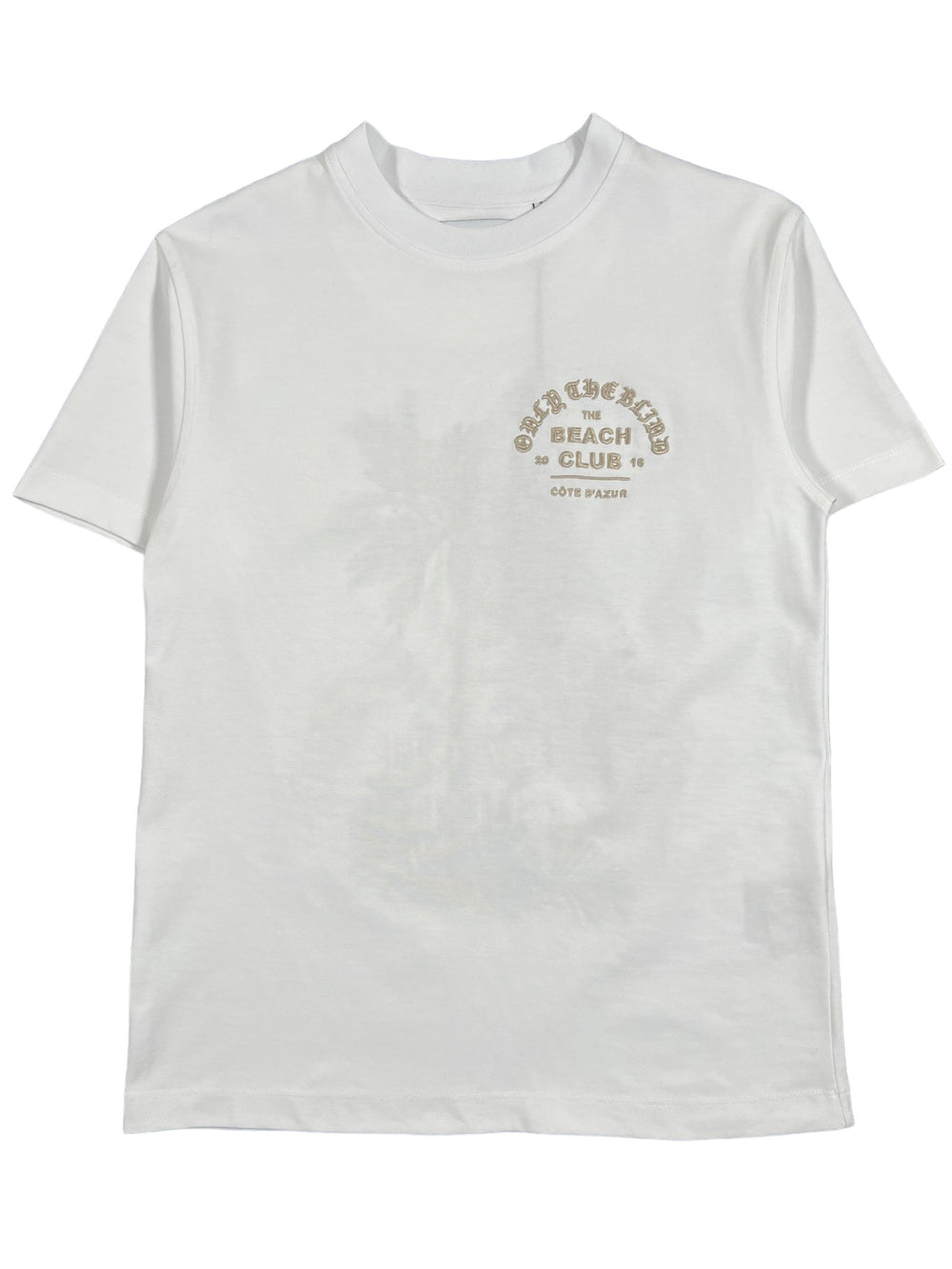 A white ONLY THE BLIND OTB-T1288 DESERT PALM T-SHIRT WHT with a palm tree on it.