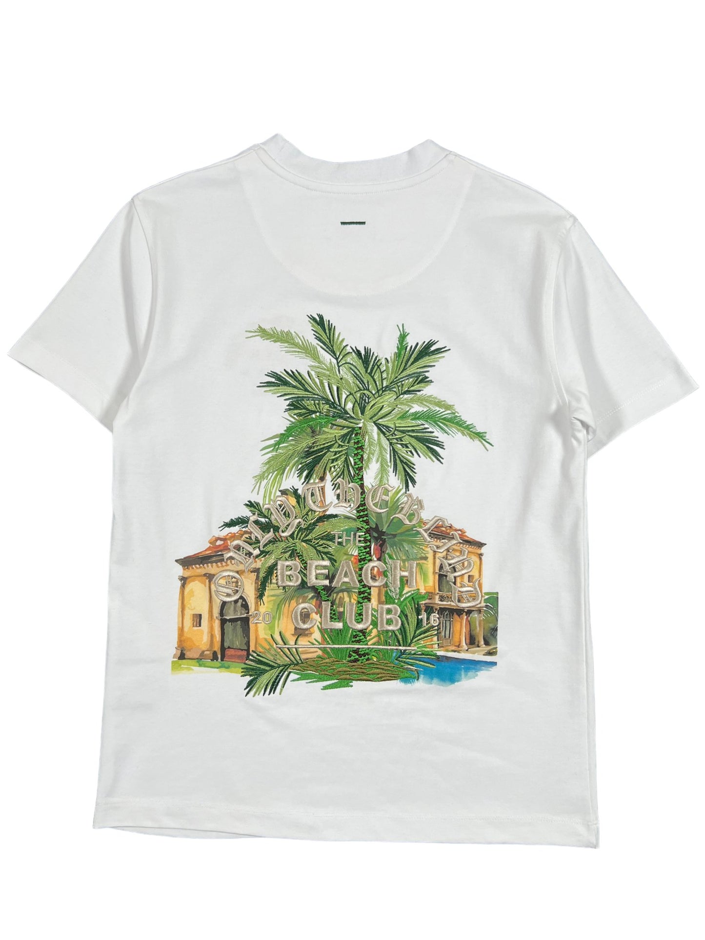 A white ONLY THE BLIND OTB-T1288 DESERT PALM T-SHIRT WHT with a palm tree on it.