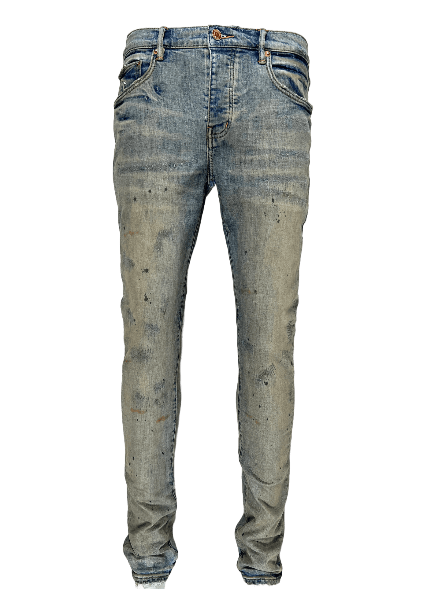 A pair of PURPLE BRAND jeans with stains on them.