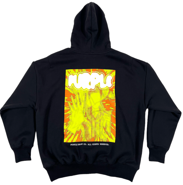 A black PURPLE BRAND HOODIE P401-HBBJ with a yellow and orange design on it.