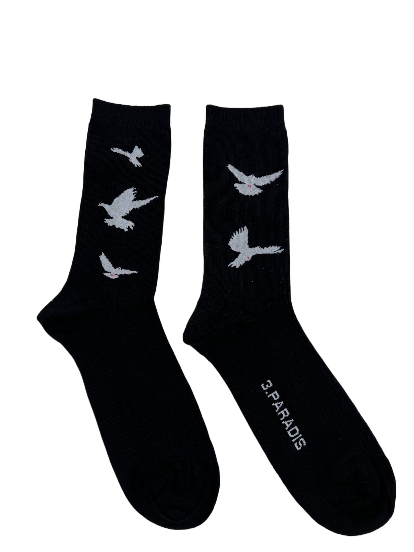 A pair of black socks with 3.PARADIS FREEDOM DOVES on them.
