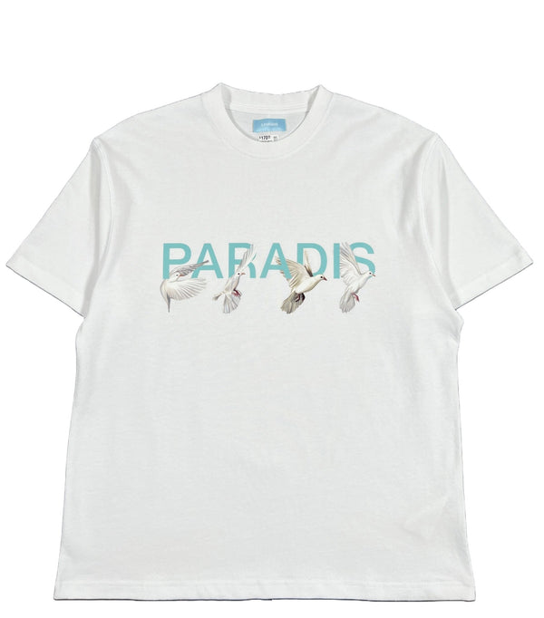 A 100% Cotton 3.PARADIS white t-shirt with the word "paradises" on it.