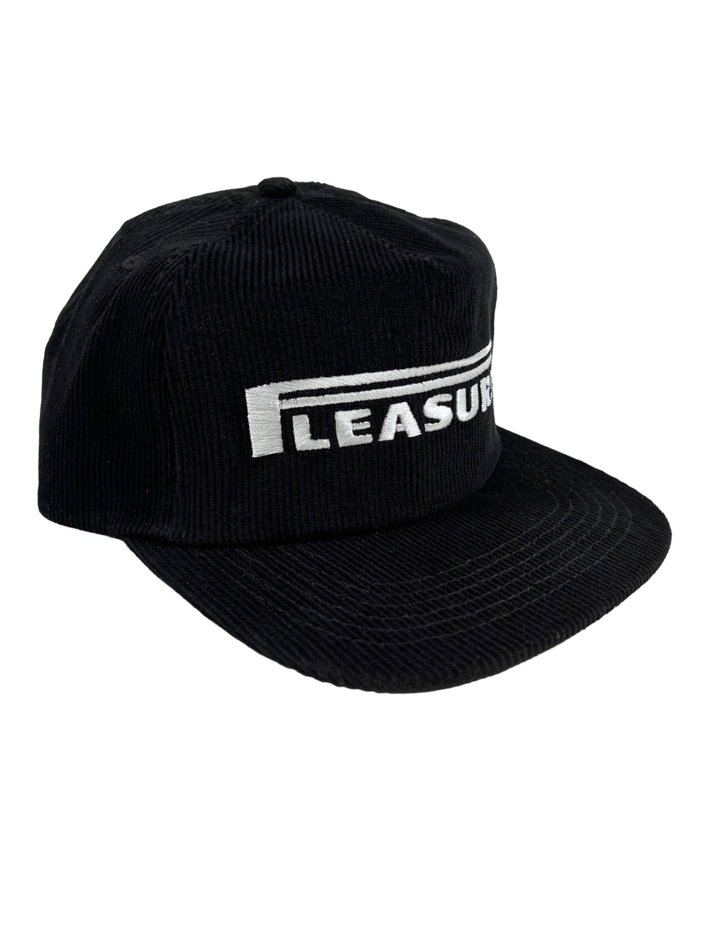 A black cotton corduroy ball cap with the word "leisure" embroidered on it.