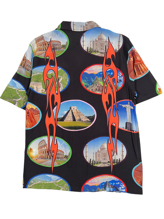 A PLEASURES 7 Wonder Camp Shirt Black with various landmarks on it, made from Rayon Challis.