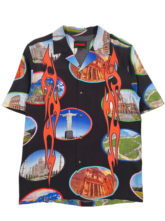 A PLEASURES 7 Wonder Camp Shirt with various images on it, featuring Brown Horn buttons.