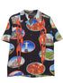 A PLEASURES 7 Wonder Camp Shirt with various images on it, featuring Brown Horn buttons.
