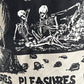 A black and white poster with skeletons wearing PLEASURES BEACH SHORT BLACK on it.