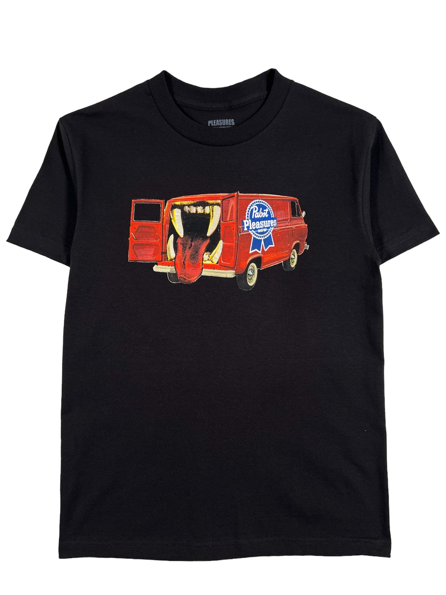 A black cotton PLEASURES BEER VAN T-SHIRT with an image of a van.