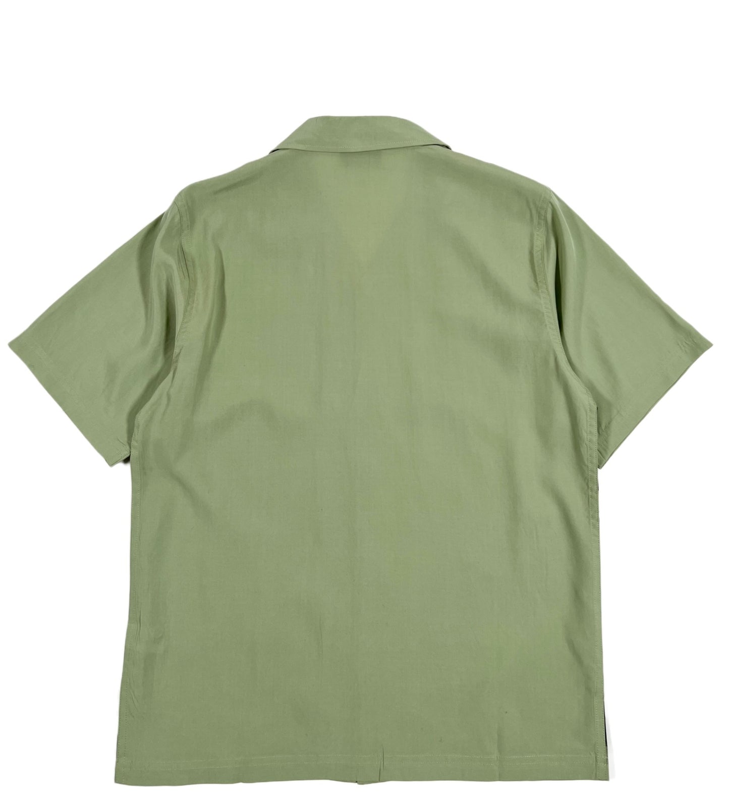 The back view of a PLEASURES CHOICES CAMP COLLAR GREEN shirt.