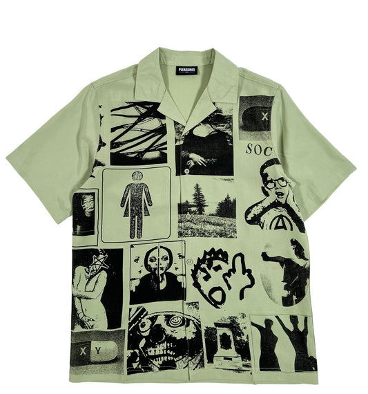 A PLEASURES green button-up shirt with trippy graphics in black and white images on it.