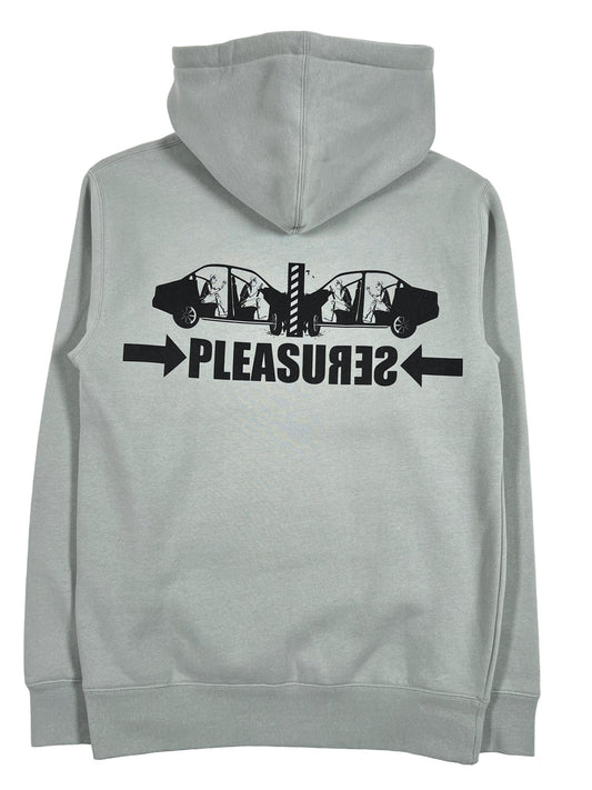 A grey polyester PLEASURES CRASH HOODIE SAGE with the word "pleasure" screen-printed on it.