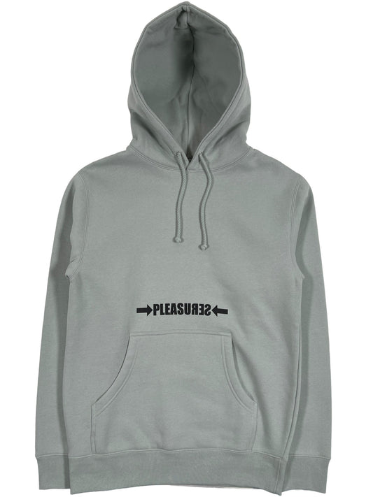 A PLEASURES grey hoodie with the word 'peaser' on it, screen printed.