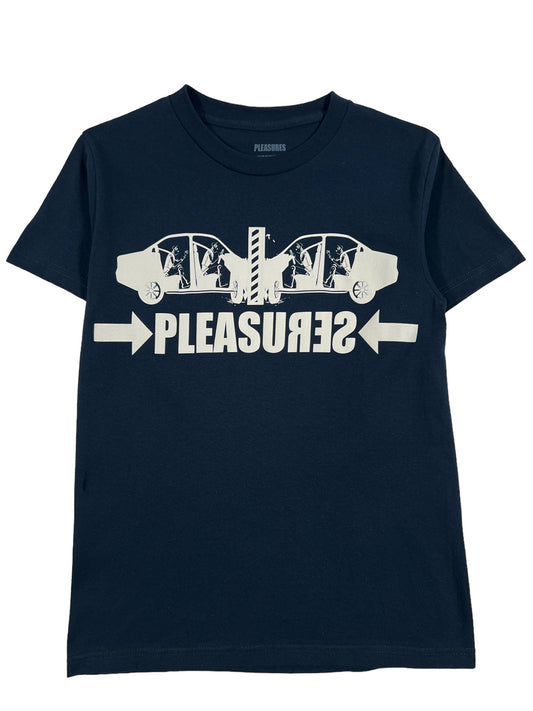 A navy blue PLEASURES CRASH T-SHIRT with the word PLEASURES on it.