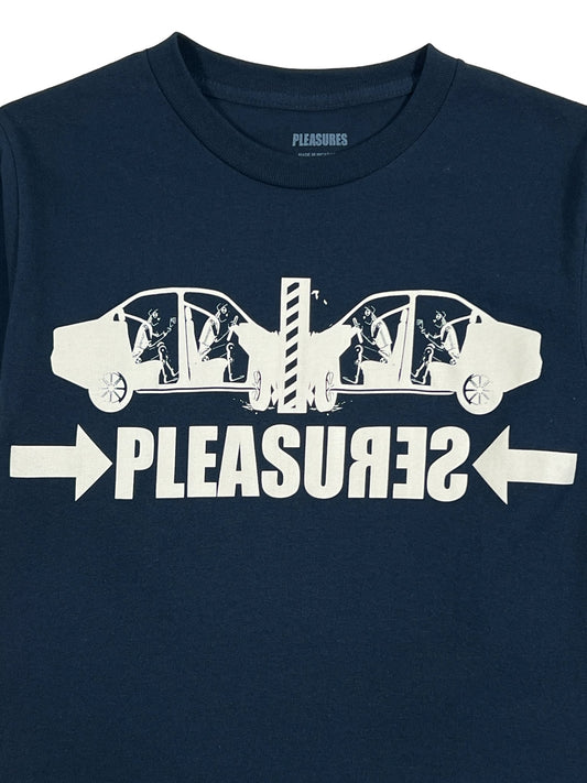 A navy blue graphic t-shirt with the word PLEASURES on it. (Product Name: PLEASURES CRASH T-SHIRT NVY, Brand Name: PLEASURES)