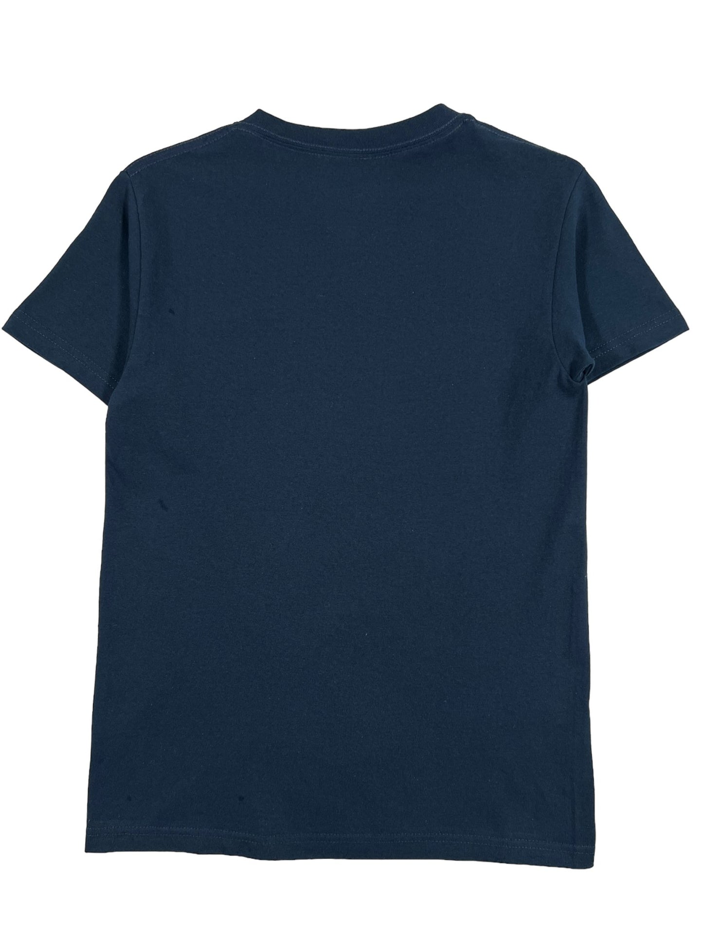 A boy's navy blue PLEASURES CRASH graphic t-shirt on a white background.
