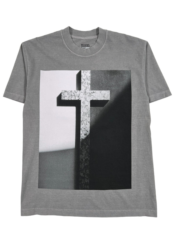 A comfortable grey PLEASURES CROSS T-SHIRT with a PLEASURES cross on it.