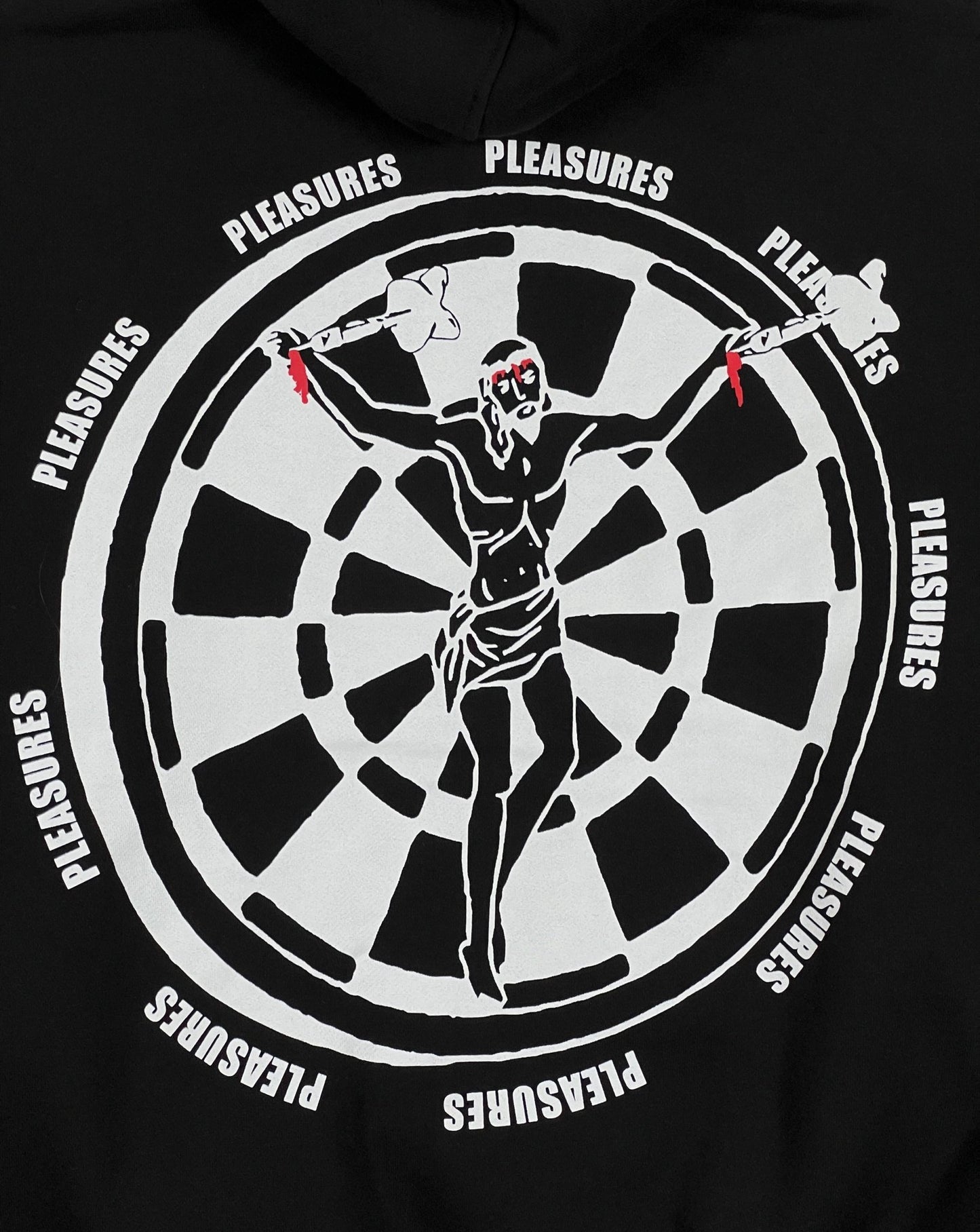 A PLEASURES DARTBOARD HOODIE BLACK with an image of a man holding a dart in front of a dartboard.