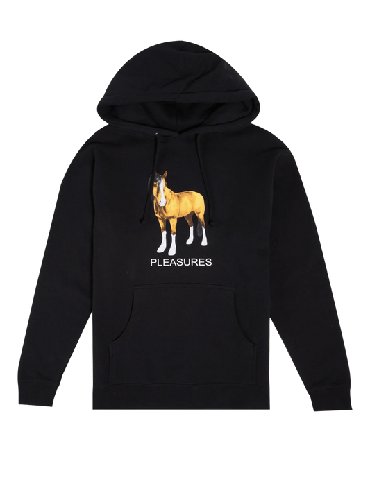 A black PLEASURES DEATH hoodie with a horse on it, featuring a kangaroo pocket.
