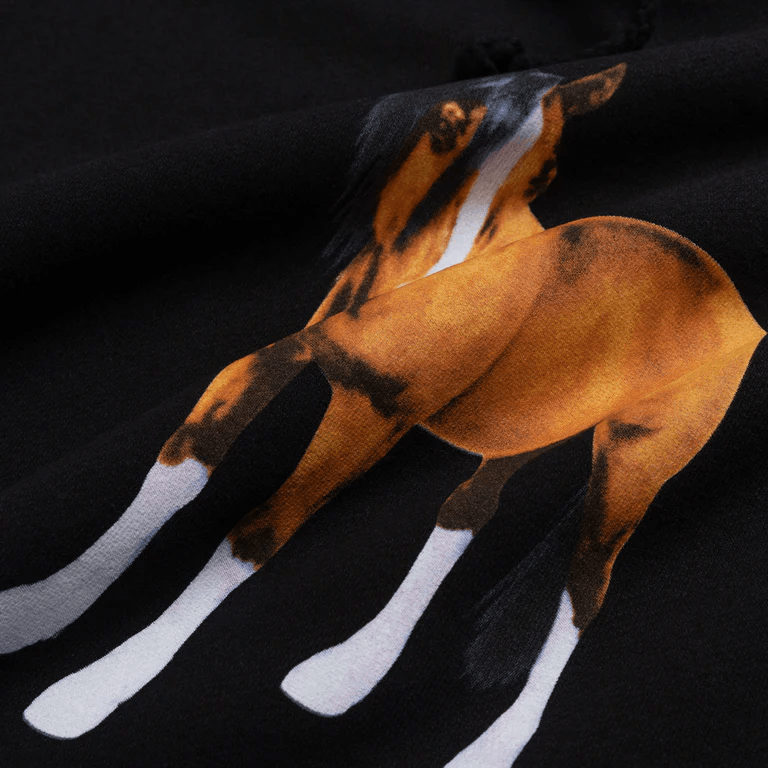 A black PLEASURES DEATH hoodie with a horse on it, featuring a kangaroo pocket.