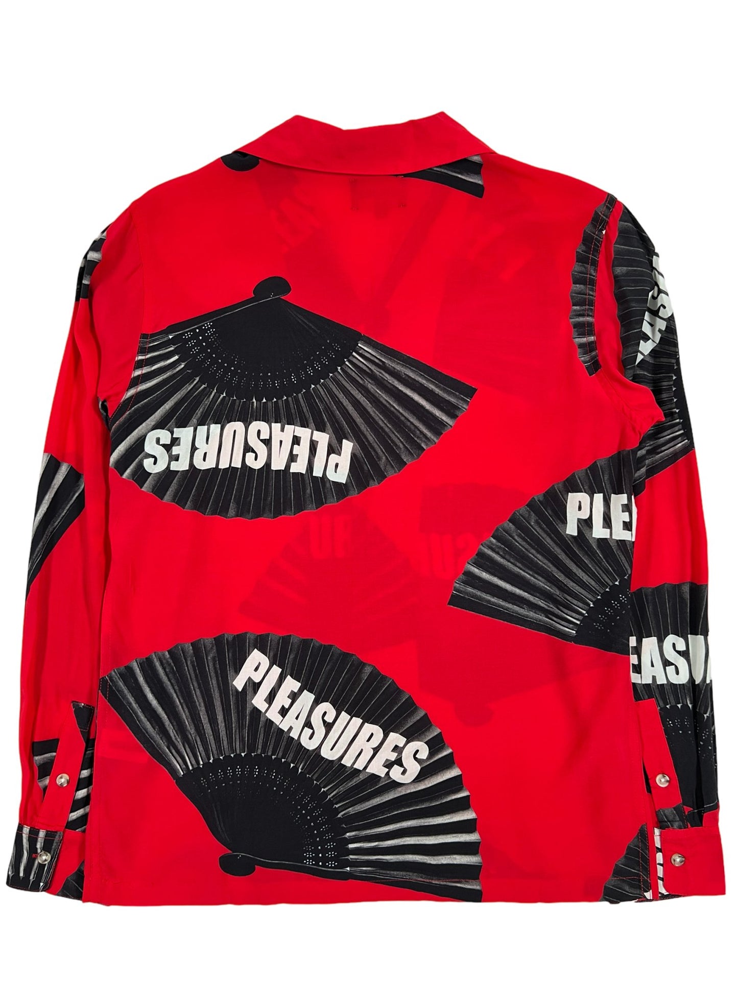 A PLEASURES red long sleeve button-down shirt that says pleasures on it.