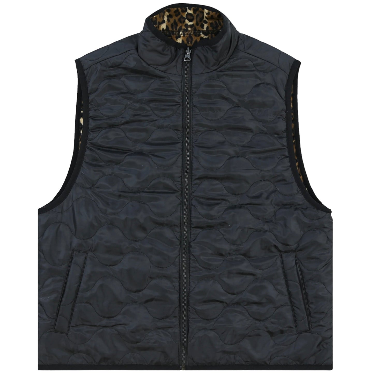 A black quilted polyester PLEASURES vest with cheetah fabric.