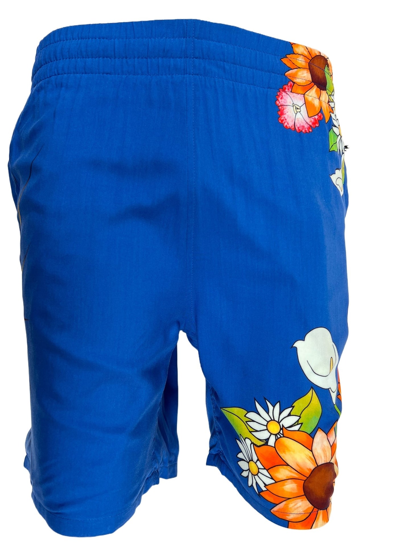 A PLEASURES blue swim shorts with floral print and sunflowers on it.