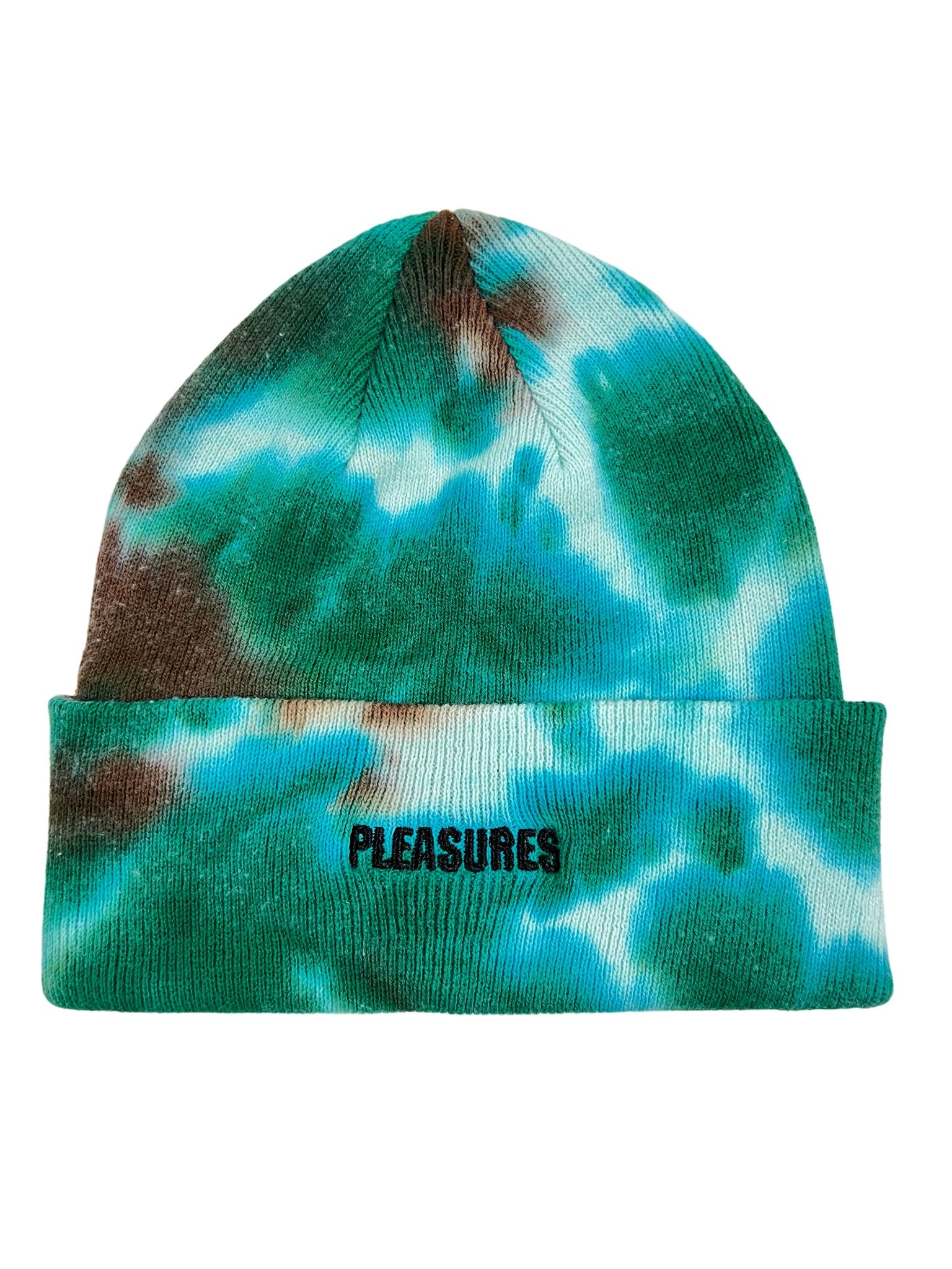 The Pleasures Impact Dyed Beanie Hunter is a stylish accessory that comes in green, blue, and brown and features the "PLEASURES" embroidery on the front.