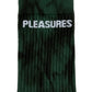 The Pleasures Indie Dye Socks Hunter is a stylish accessory, featuring white "PLEASURES" embroidery near the top, adding edginess to your wardrobe.
