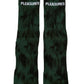The Pleasures Indie Dye Socks Hunter feature "PLEASURES" in white text on two green socks, adding edgy style to any outfit.
