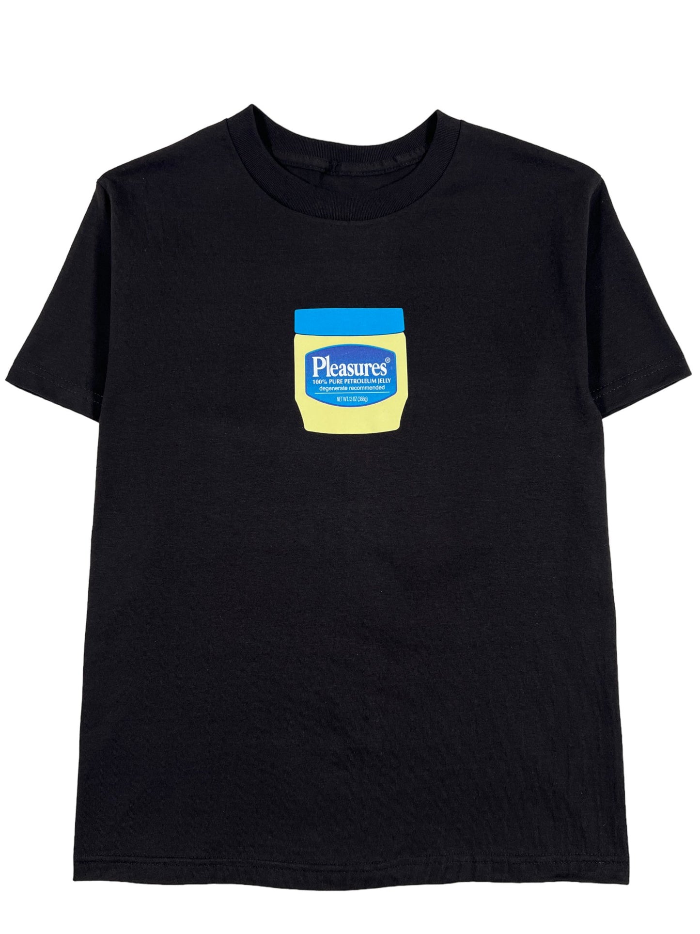 A stylish PLEASURES JELLY T-SHIRT BLACK with a graphic logo on it.