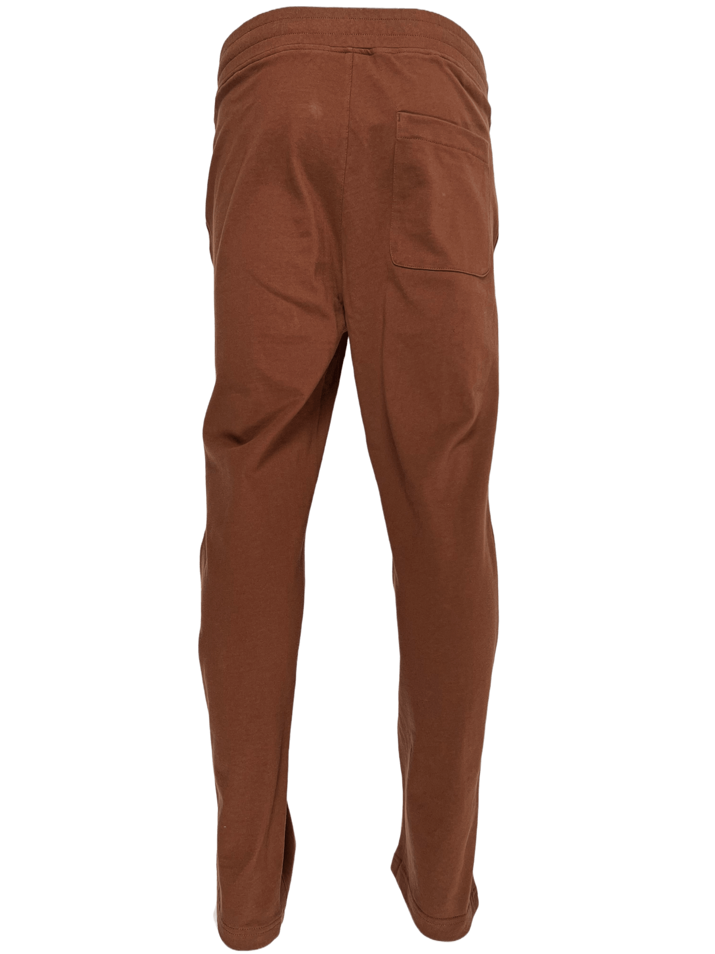 The back view of a man's PLEASURES brown cotton sweat pants with an elastic waist.