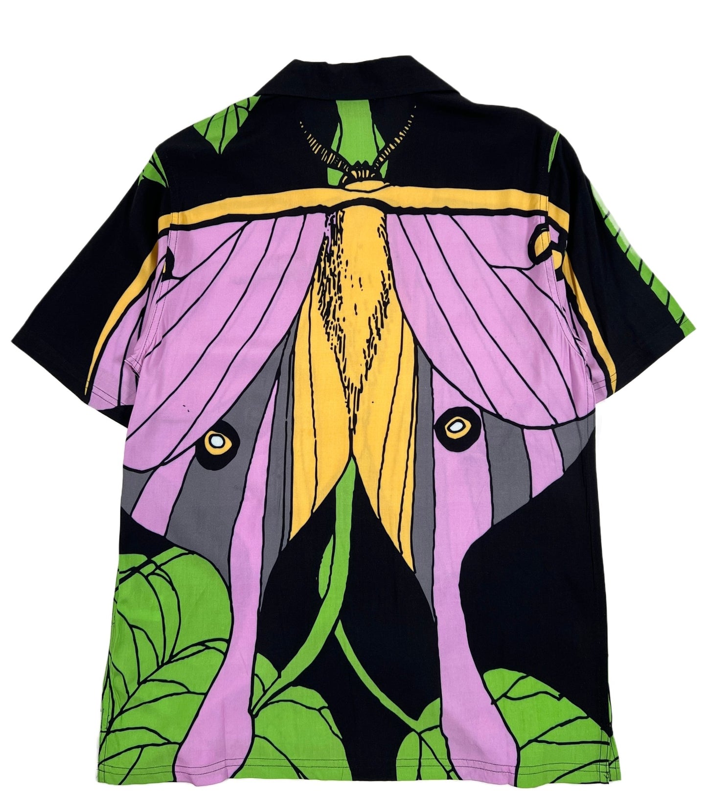 Embroidered PLEASURES moth Hawaiian shirt.