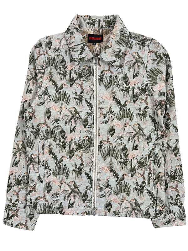 A Pleasures jacket with a tropical birds print and front zip closure.