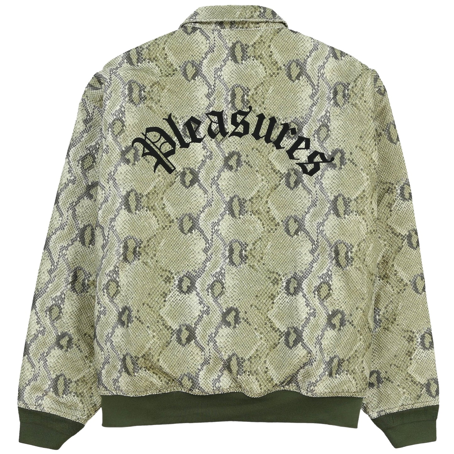 A green snakeskin bomber jacket with embroidery and the word "PLEASURES" on it.