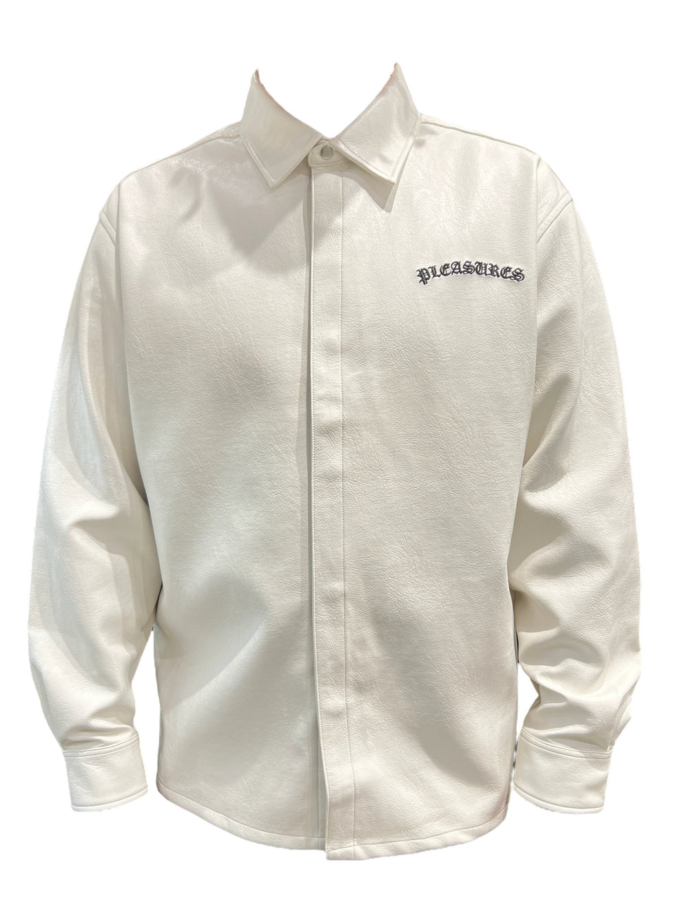 A white Pleasures Resonate Overshirt with an embroidered black logo on it.