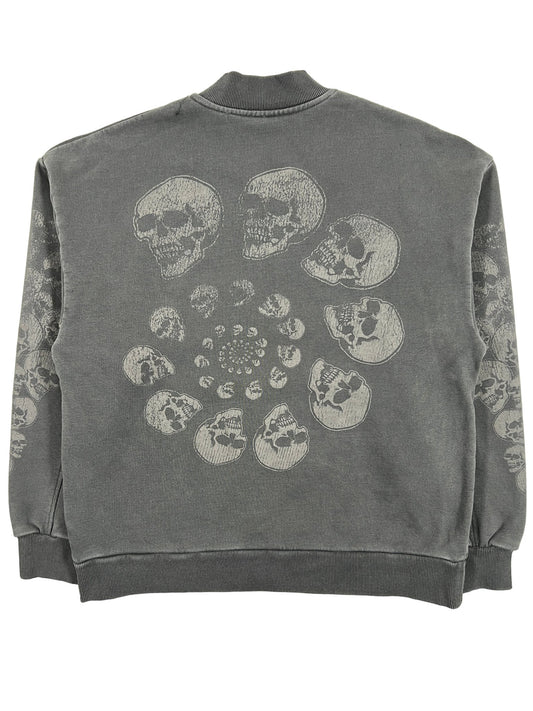 A grey cotton sweatshirt with embroidered PLEASURES SKULL SPIRAL QUARTER ZIP BLK on it.