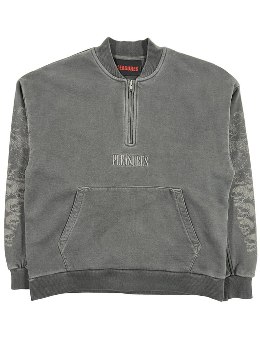 A grey cotton sweatshirt with the word 'PLEASURES' embroidered on it.