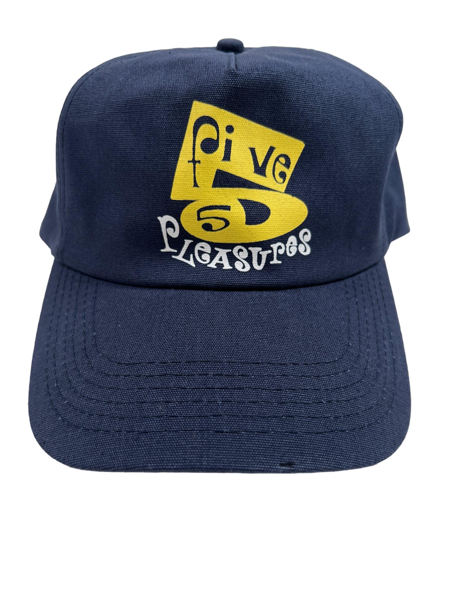 The Pleasures Soul Snapback Nvy by PLEASURES is a navy blue cotton cap with "Five Pleasures" and an abstract yellow/white front design, made in collaboration with Triple 5 Soul. It features an adjustable snap closure for a tailored fit.