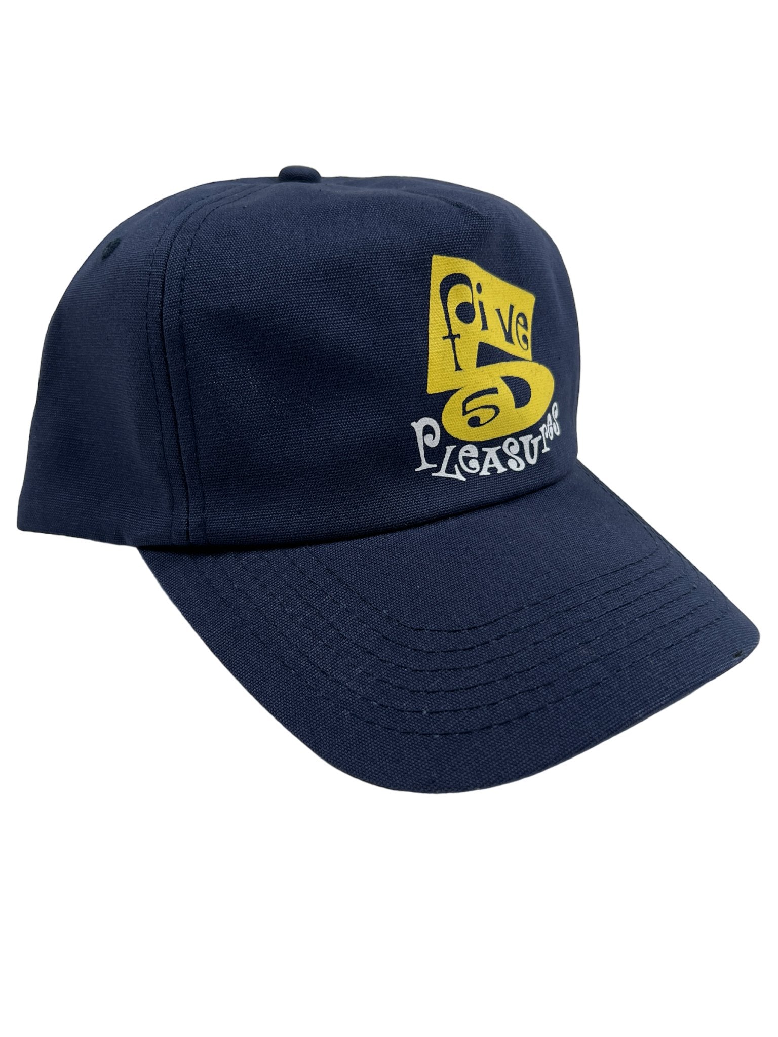 The Pleasures Soul Snapback Nvy by PLEASURES is a navy blue baseball cap with a yellow and white "Five 5 Pleasure" logo. It features an adjustable snap closure and is crafted from premium cotton as part of the exclusive Triple 5 Soul collaboration.