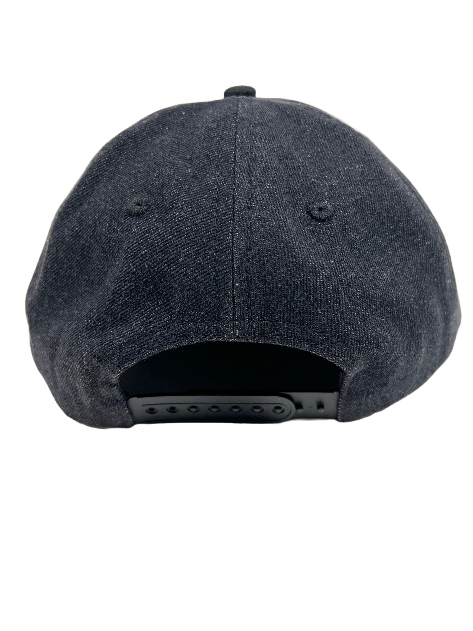 The back of a PLEASURES STRETCH SNAPBACK BLACK with logo embroidery.