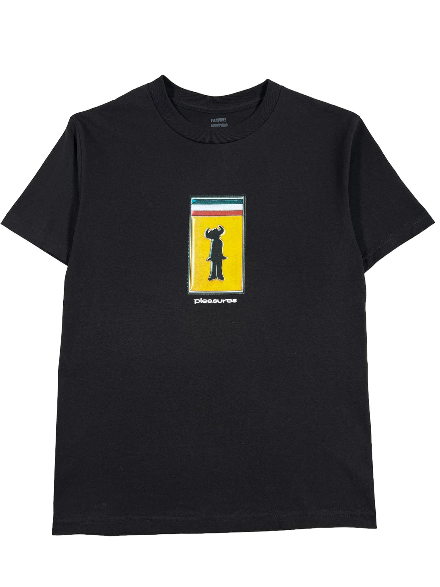 A PLEASURES black t-shirt with an image of a man in a yellow shirt, representing the pleasures of travelling.