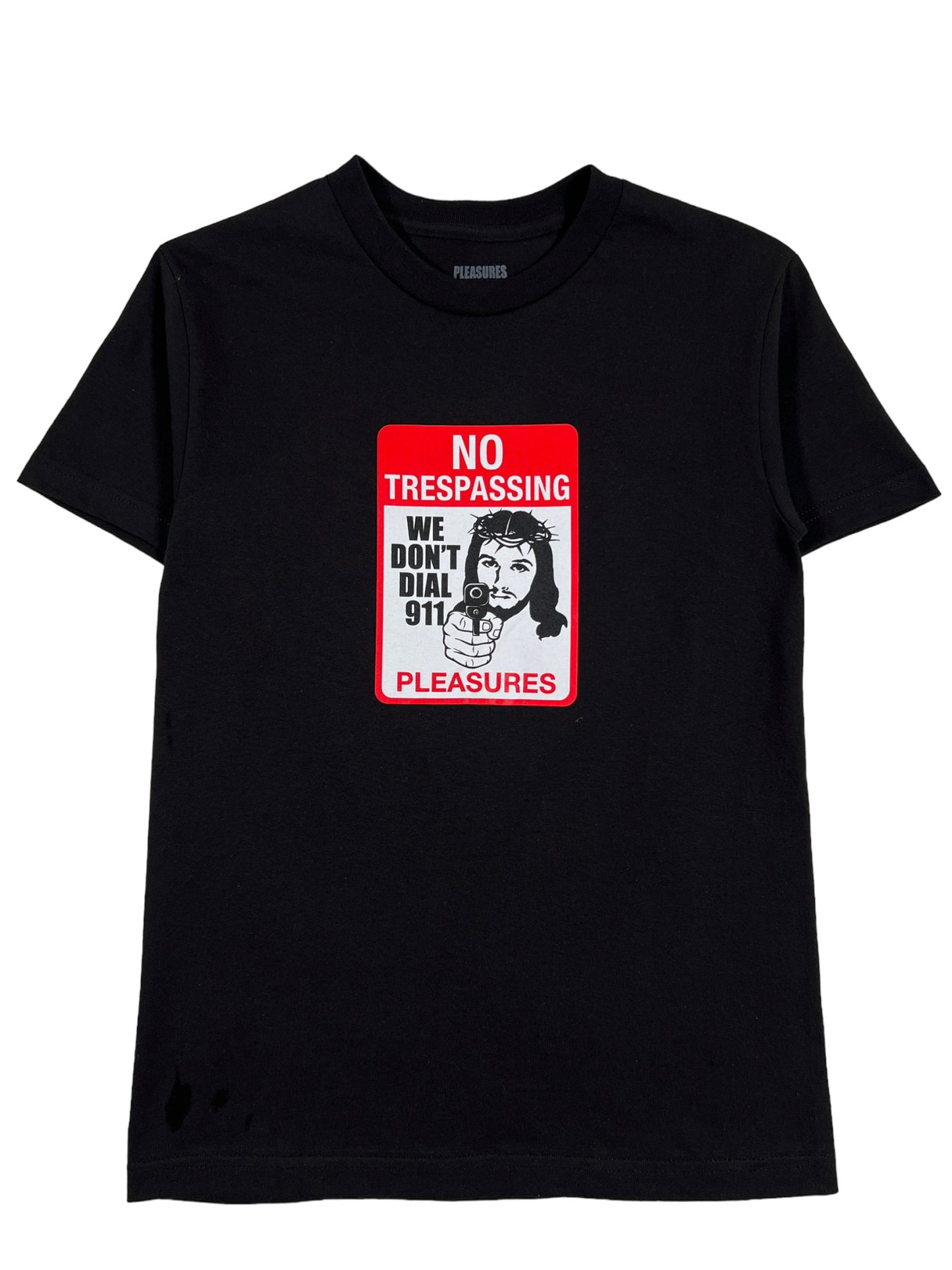 A black graphic t-shirt with a no trespassing sign on it from PLEASURES TRESPASS T-SHIRT BLK by PLEASURES.