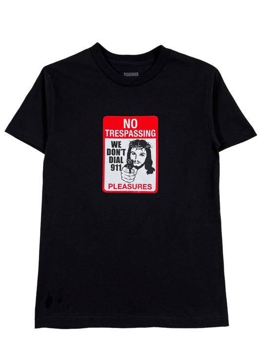 A black graphic t-shirt with a no trespassing sign on it from PLEASURES TRESPASS T-SHIRT BLK by PLEASURES.