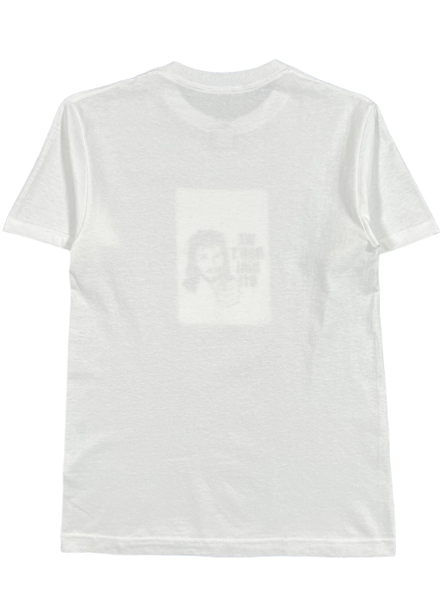 A white graphic t-shirt with a picture of a woman on it featuring PLEASURES branding, such as the PLEASURES TRESPASS T-SHIRT WHT.